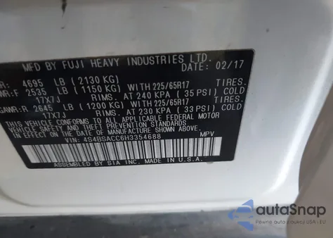 2017 Subaru Outback 2.5I Premium from USA, damaged, VIN 4S4BSACC6H3354688